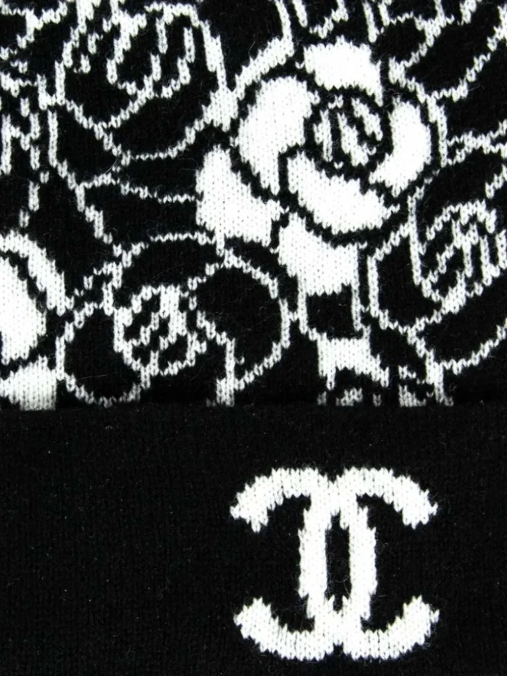 Camellia Logo Beanie 23K Black and White Cashmere, Wool, Silk